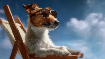 A dog wearing sunglasses is sitting on a chair