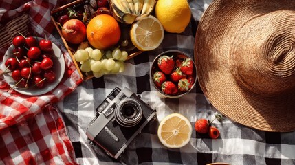 A table with a camera, fruit, and a straw hat