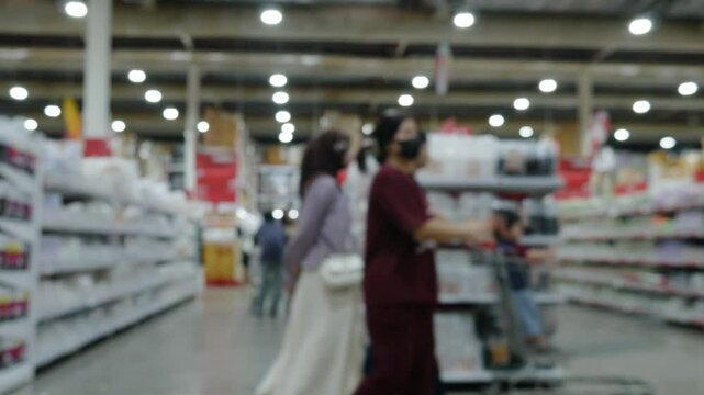 Blurred view of modern supermarket store&nbsp;background. Shopping in hypermarket superstore defocused bokeh light background.