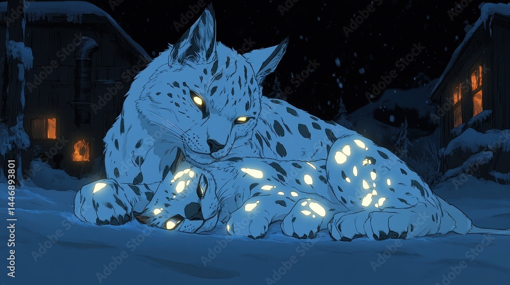 Poster digital interpretation of a snow leopard amidst falling snow in a tranquil village setting at night 