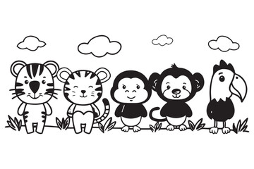 Adorable Cartoon Animal Collection for Kids’ Books, Education, and Playful Designs, Cute Wildcat, Lion Cub, Koala, Giraffe, Toucan Illustrations, Animal Clipart Set.