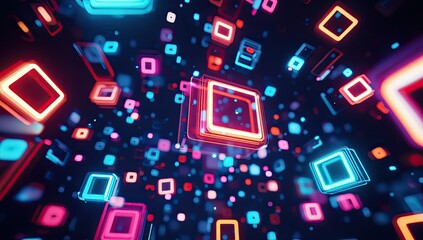 Vibrant neon cubes float in dark space