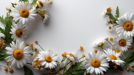 Obraz premium Top view floral frame of white daisies on wooden background minimal botanical poster and flower wreath layout