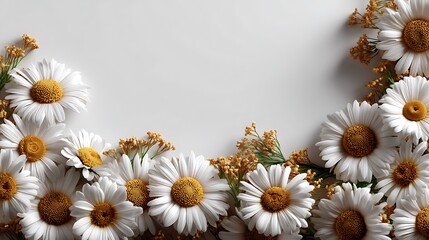 Obraz premium Floral top view frame with white wooden background minimal botanical poster natural flower mockup on wood table