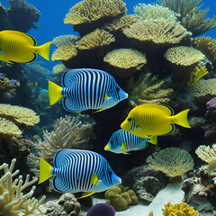 Fototapeta premium Zebrasoma flavescens and desjardinii swim among corals and actinides underwater. Real time, day, close-up