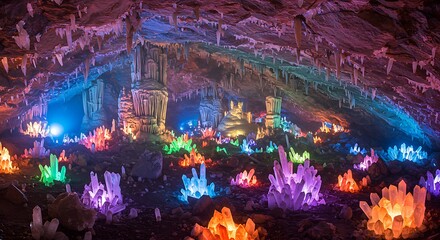 Crystals growing from the ground in an enchanted cavern