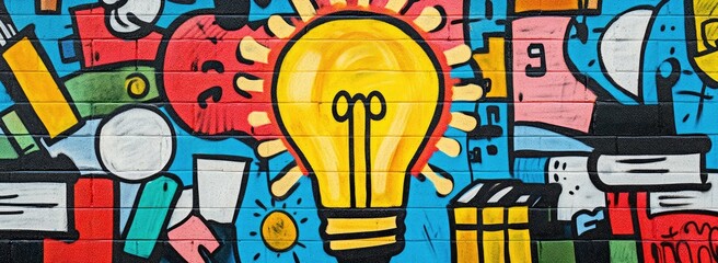 Obraz premium Colorful graffiti mural featuring a large lightbulb as its central element, surrounded by various abstract shapes and objects