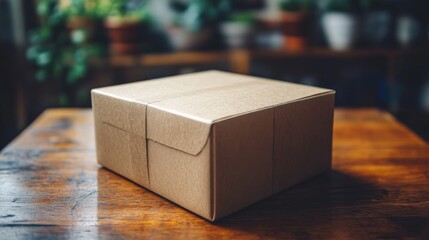 Brown Cardboard Box Sits Majestically on Wooden Surface with Botanical Backdrop, Inviting Curiosity and Anticipation