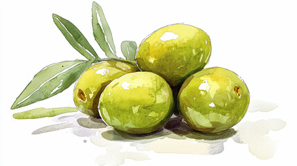 green olives watercolor illustration with leaves.ai generative