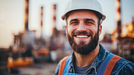 Smiling worker in hard hat and overalls stands in front of industrial equipment.
