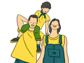 Happy family illustration. Father, mother and child having fun together in casual outfits