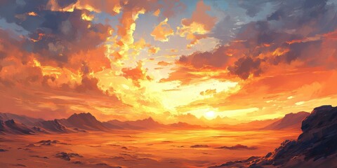 A fiery sunset over a vast desert landscape, with a glowing sky and distant mountains