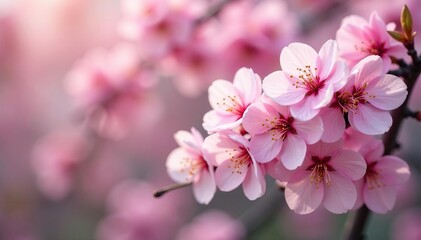 Obraz premium Delicate pink sakura blossoms, full bloom, soft petals , japanese, cherry blossom, nature background