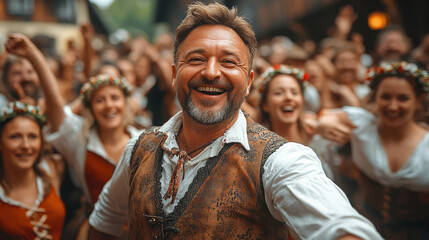 Fototapeta premium Joyful crowd, medieval celebration