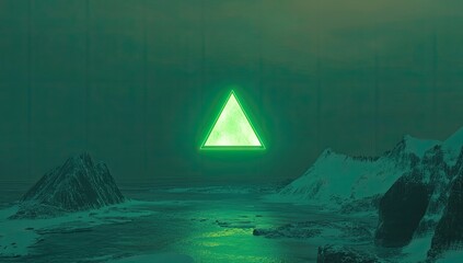 Glowing green triangle above a snowy, dark landscape