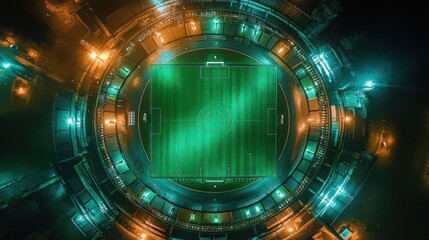 Obraz premium Night Stadium Aerial View: Illuminated Soccer Field
