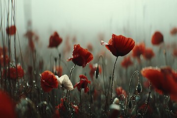 Captivating Poppy Flower Field Misty Morning Landscape Nature Photography Soft Light Serene Environment