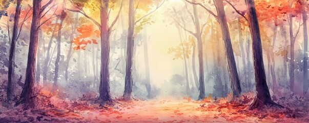 A serene watercolor painting of a sunlit autumn forest path