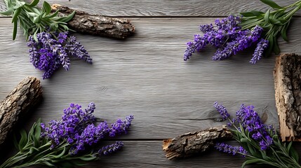 Top view floral frame of lavender on white wooden background flatlay flower border for minimal botanical poster design