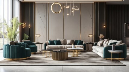 Modern furniture showroom with sofas, tables, and lighting
