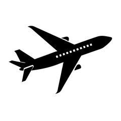 Black silhouette of an airplane soaring upwards into the sky on white