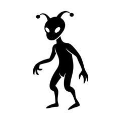 Black and white silhouette of a creepy alien standing on two legs