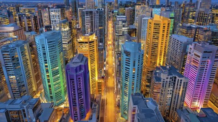 Obraz premium Stunning nocturnal urban vista, illuminated skyscrapers, bright neon signs - texture design pattern seamless