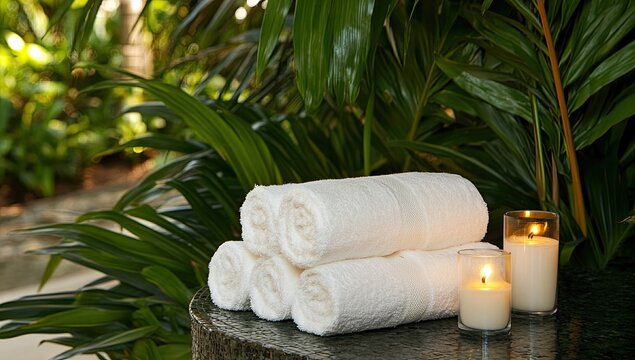 Serene spa setting rolled towels & candles