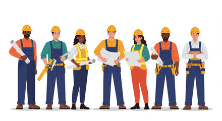 Obraz premium Diverse Team of Construction Workers on Building Site in Modern Vector Illustration