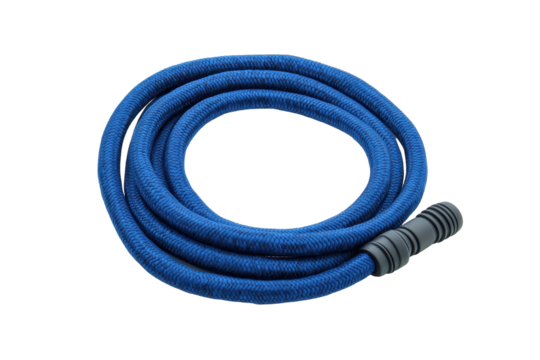Coiled, vibrant blue industrial hose is presented in a  shot.  The hose is wrapped around itself in a circular pattern.