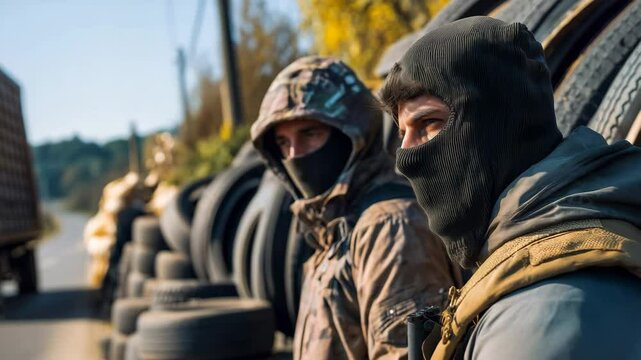 Soldiers in camouflage and balaclavas stand guard near tires, terrorists, national borders scene