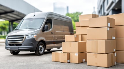 Modern cargo van parked next to a large stack of cardboard boxes, illustrating delivery, logistics, and shipping services in a city.