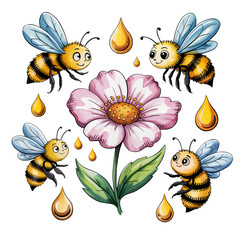 Whimsical Bee and Blooming Flower: A captivating illustration showcasing four cheerful bees, adorned with vibrant wings and cheerful expressions, encircling a radiant.
