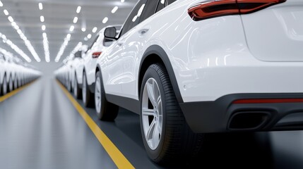 White cars lined up in a brightly lit factory, ready for distribution, awaiting shipment to dealerships.
