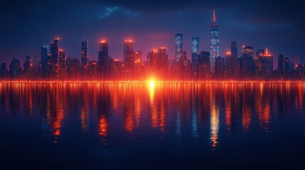 Fototapeta premium City skyline reflected in water with a bright orange glow at sunset.