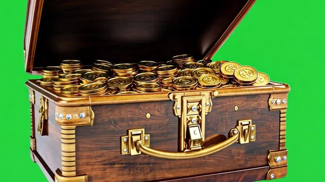 Treasure chest filled with shiny gold coins on a bright green background for creative projects