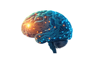 A glowing brain merges with circuitry, symbolizing artificial intelligence, neural connections, and future technology, isolated on a transparent background
