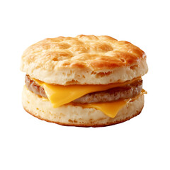Sausage and cheese biscuit breakfast sandwich on transparent background