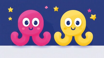 Obraz premium Delightful pink and yellow octopus duo with pixelated texture on blue starry background creates fun cheerful and playful vibe perfect for kids