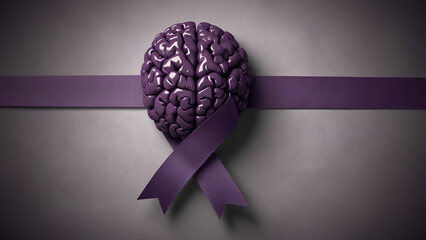 Stylized purple brain wrapped with a delicate ribbon centered on a light purple background symbolizing mental health awareness support and thoughtful care in a soft visual tone