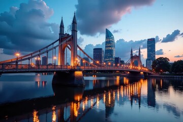 Obraz premium Waterfront royal park bridge with sailboats and skyscrapers at dusk, sailboats, bridge