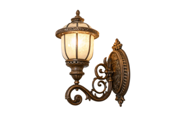 Antique wall lantern with frosted glass, ornate bronze holder, softly glowing with classic ambiance, isolated on a transparent background