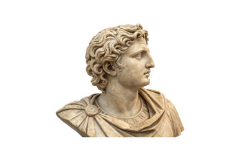 Obraz premium Bust of Roman Nobleman, Curly hair and detailed garment sculpted meticulously, evoking ancient leadership and stoic dignity, isolated on a transparent background
