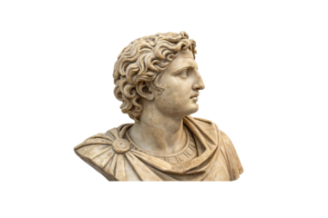 Bust of Roman Nobleman, Curly hair and detailed garment sculpted meticulously, evoking ancient leadership and stoic dignity, isolated on a transparent background