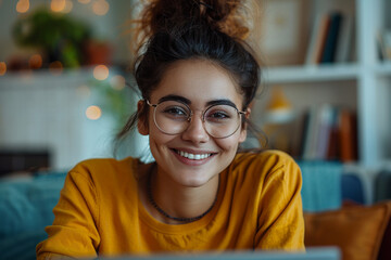 APPEALING  content and joyful freelancer wearing appealing  bright smile on their face, fully engrossed in their work as they embrace freedom of remote work from comfort of their own home    