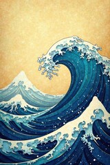 Water waves in gold and blue tones on Asian paper background, gold, blue