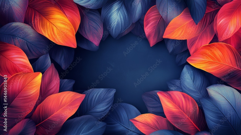 Poster abstract botanical composition with vibrant reddish-orange and deep blue leaves creating an artistic