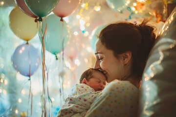 A warm hospital room decorated with tiny balloons. A mother lifts her newborn close to her face while smiling with tears. The mood is sweet and full of love