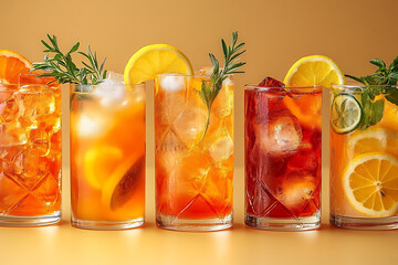 Refreshing summer cocktails with citrus fruit ice and aromatic herbs