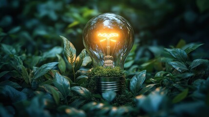 Lightbulb glows amidst green foliage representing energy conservation and environmental awareness.